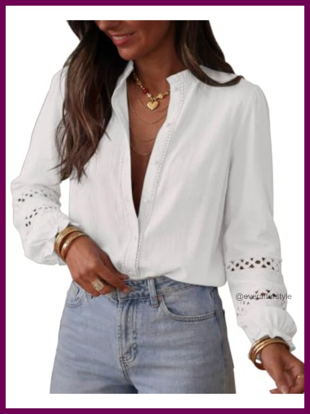 100% Cotton Eyelet Button Up Blouse Long Sleeve Lace Top